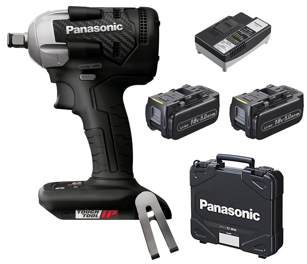 Panasonic Cordless Impact Battery Pack X and Dual with Compact 143mm Overall Black Wrench, 18V, 5.0Ah 2, Charger, Case, (Compatible 14.4V/18V),