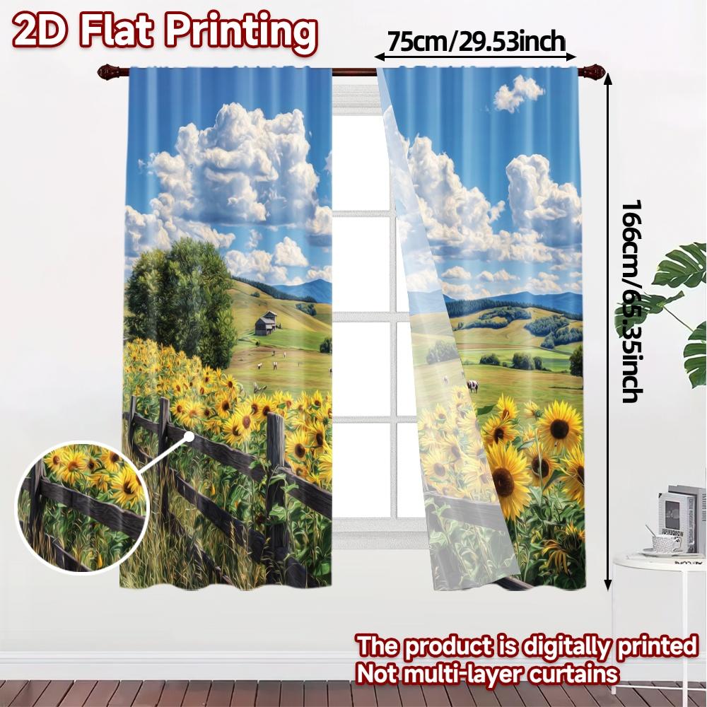 Set Of 2 Flat Printing Curtains Without Rod Sunflower Valley Chic Window Curtain Durable Polyester All Seasons