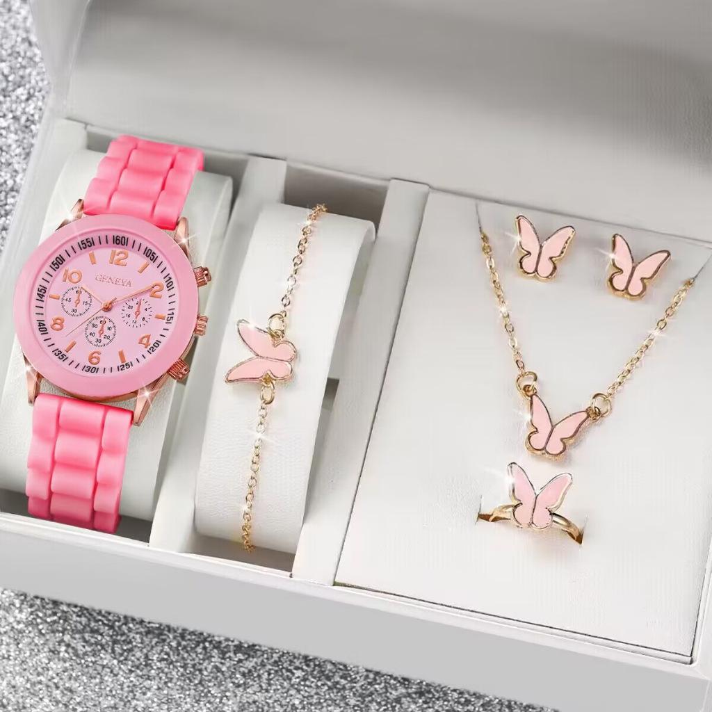 Set 5 buc Ceas de lux Femei Inel Colier Cercei Perle Stras Ceas de mână Femei Casual Ceasuri de damă Brățară (Fără cutie)