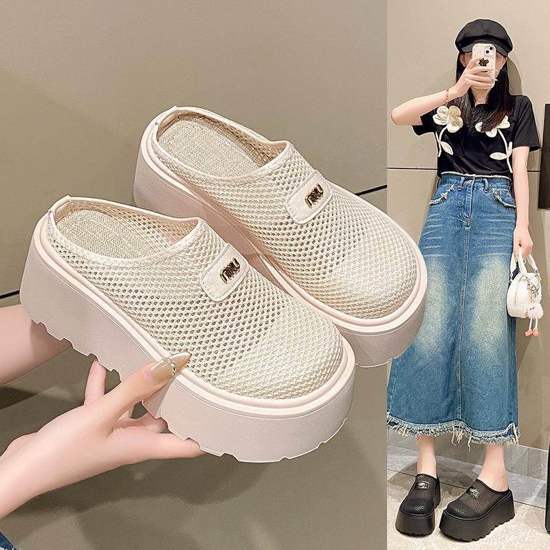 Single Shoes Women's 2025 New Summer Thick-soled Heightening Shoes Women's Small People Pedal Mesh Hollow Muffin Shoes