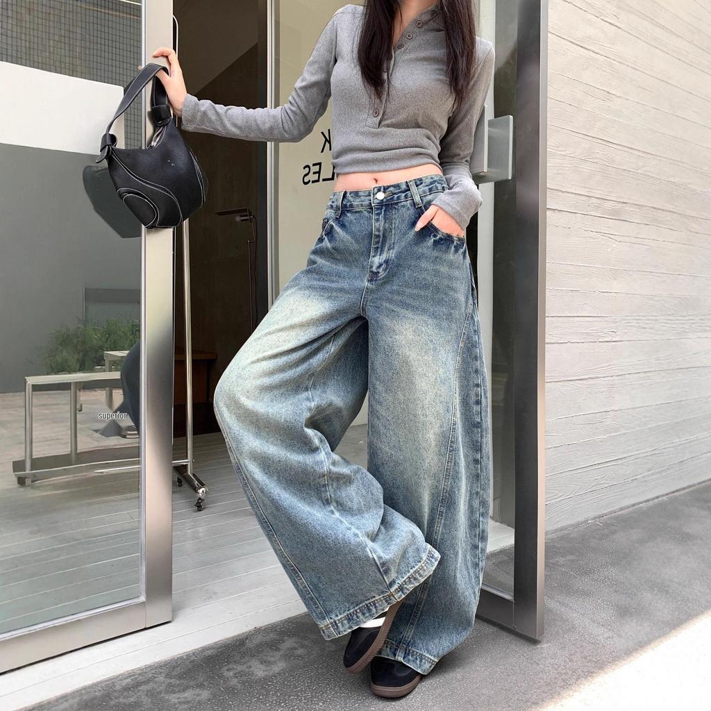 Women's American Retro Distressed Blue Wide-Leg Jeans - Versatile, Slimming, and Floor-Length for Autumn