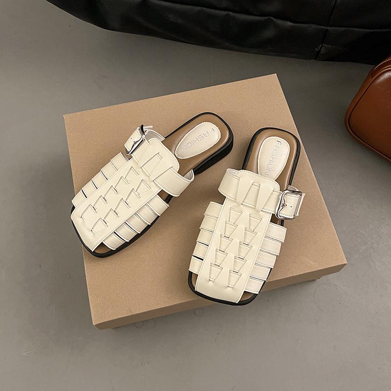 

[Fanfna] Hollow bag head half slippers women s summer wear retro fashion versatile woven flat bottom cool slippers 35