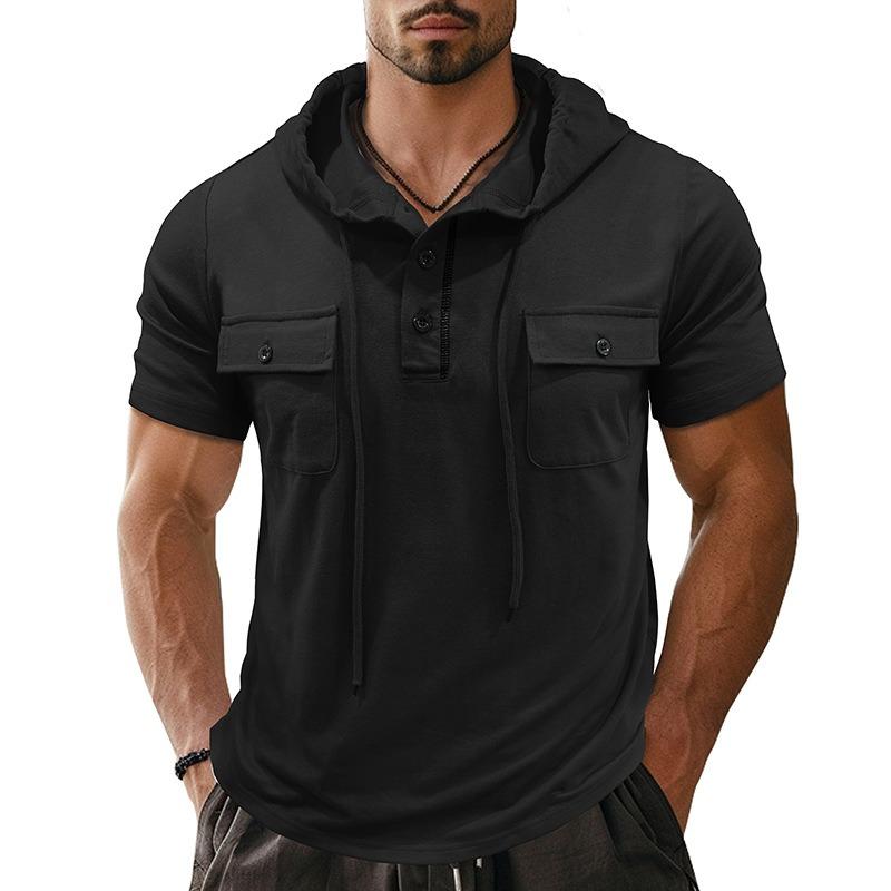 

Men s outdoor double pocket hooded short-sleeved casual sweatshirt hooded top T-shirt M чёрный