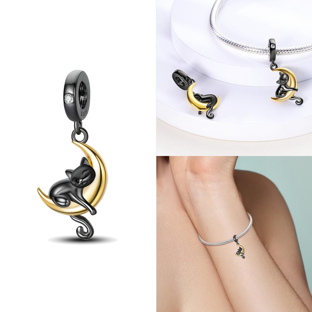 Original 925 Silver Black Cat Moon Cat Paw Pendant Charms Bead Fit Bracelet Women Jewelry Diy Anniversary Gift Accessories