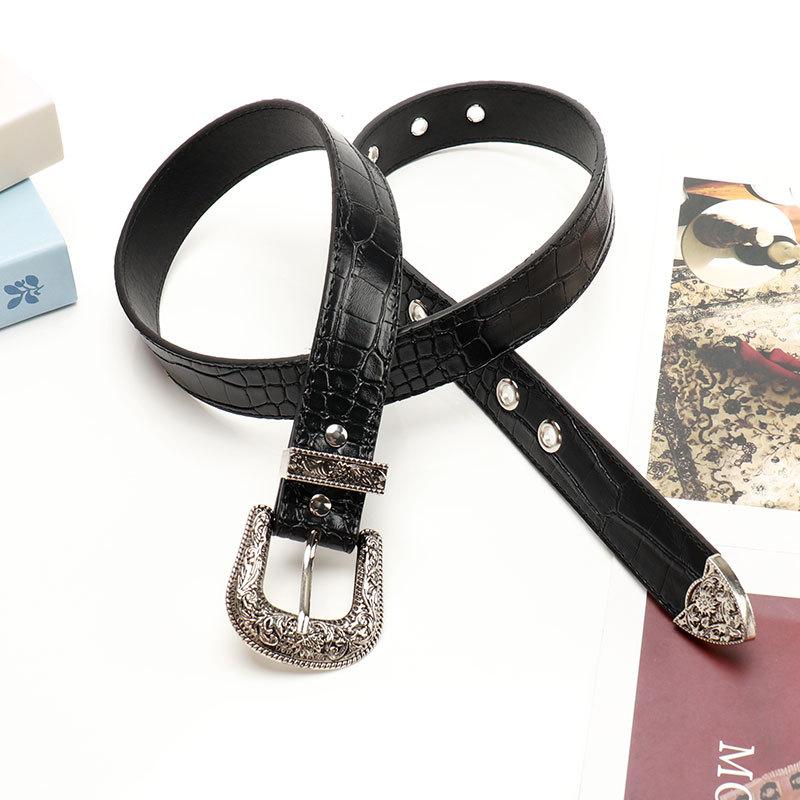 

Heavy Industry Carved Alloy Three Piece Set Women s Belt Versatile Jeans Belt Retro Style Stone Patterned Belt for Women 105CM чорний