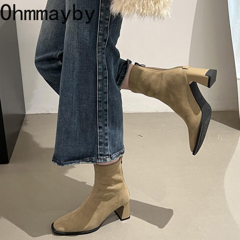 Vintage Thick Heel Square Toe Women Ankle Boots Ladies Elegant Mordern Short Botas Autumn Winter  De Mujer