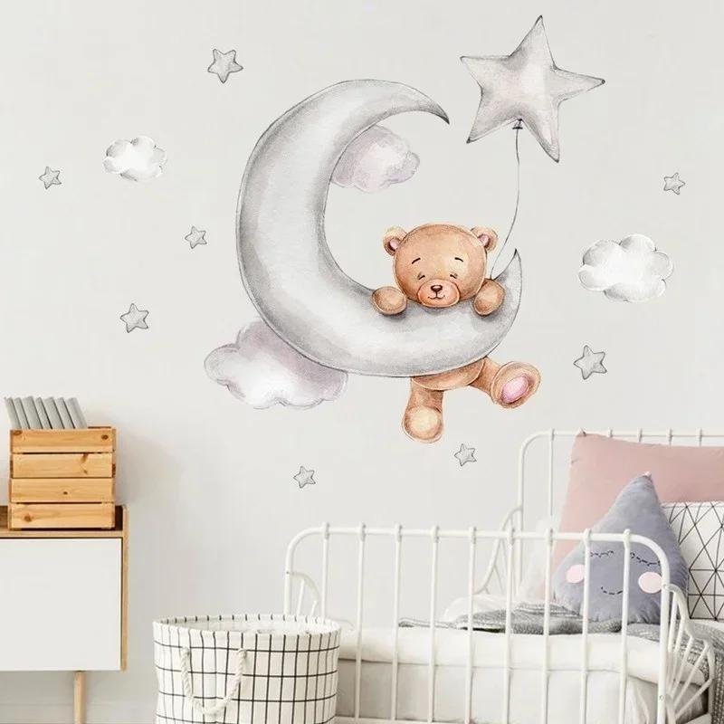 Moon Cloud Big Wall Stickers for Kids Rooms Boys Stars Large Wall Stickers for Kids Rooms Bear Bedroom Decoration