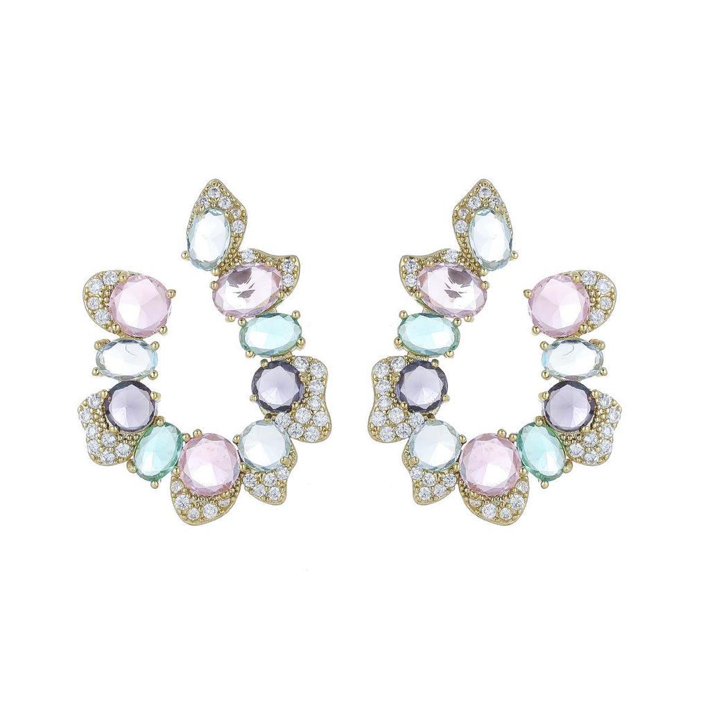 Exaggerated U-Shaped Colorful Zirconia Earrings: 2024 Trendy Retro Luxury Studs for Women
