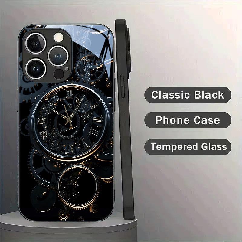 Black Gold Mechanical Clock Pattern Tempered Glass Phone Case For iPhone 17 16 15 Pro Max 14 13 12 11 17Air 7 Plus XR XS X Cover