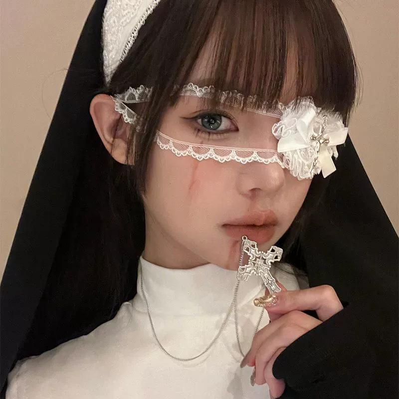 Women Sweet And Cool Black White Lace Bows Heart Cross Eye Mask Suitable For Halloween Theme Lolita Dark Gothic Cos Accessories