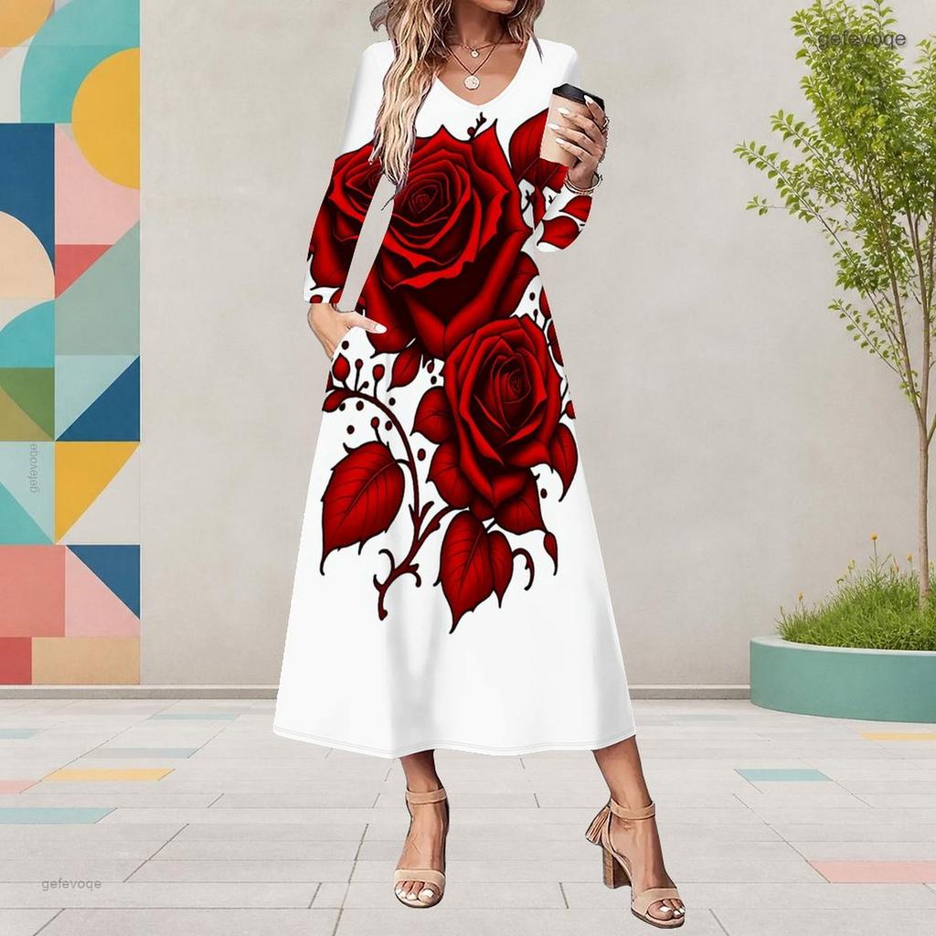 Women Plus Size V Neck Long Sleeve Colorful Printed A Line Midi Dress With Pockets