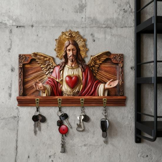 Veggmontert nøkkelholder Treskjæring Jesus-tema Nøkkelorganisator Multifunksjonell Hjemmekontor Entré Dekorativ Nøkkelhengerhylle