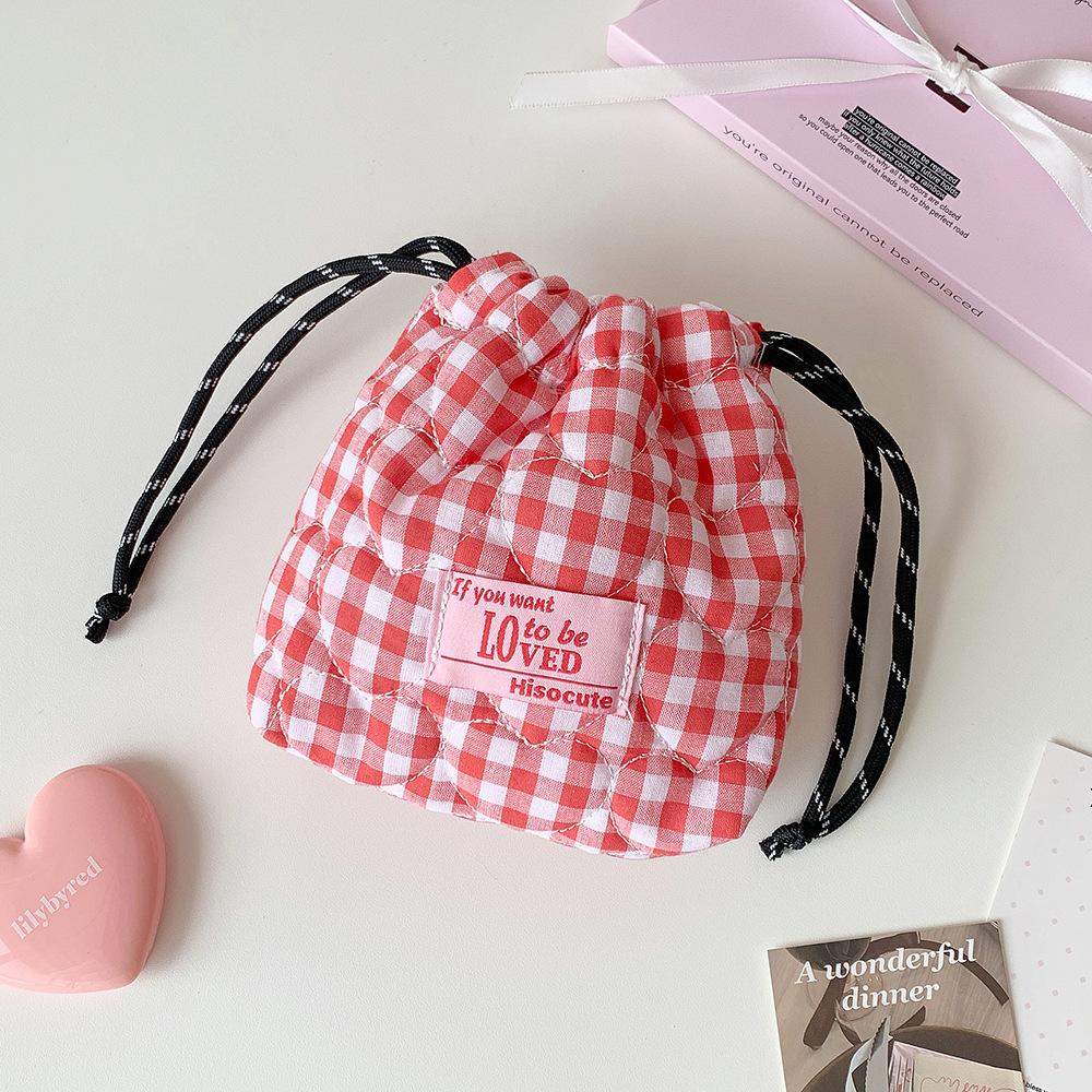 Ins Korean Plaid Drawstring Makeup Bag for Girls Portable Skincare Organizer Travel Organizer Bags Toiletry Bag Drawstring Bags