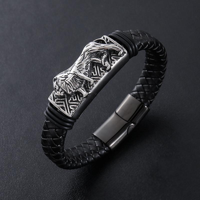 Punk Vintage Classic Tiger Leather Braided Stainless Steel Platinum Plated Bangles Men Magnetic Clasp Fashion Jewelry