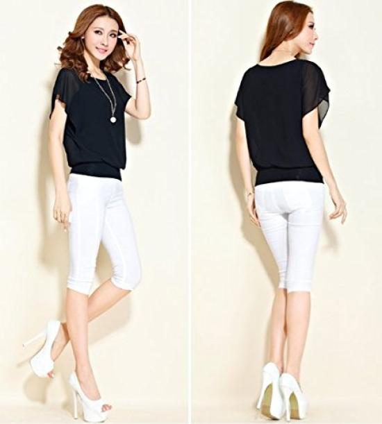 Chiffonbluse für Cut und Kurz Ausgestellt Groß 5 XL [DauStage] Damen, Genäht, Ärmel, Hemd, Größe, Farben, Schwarz,