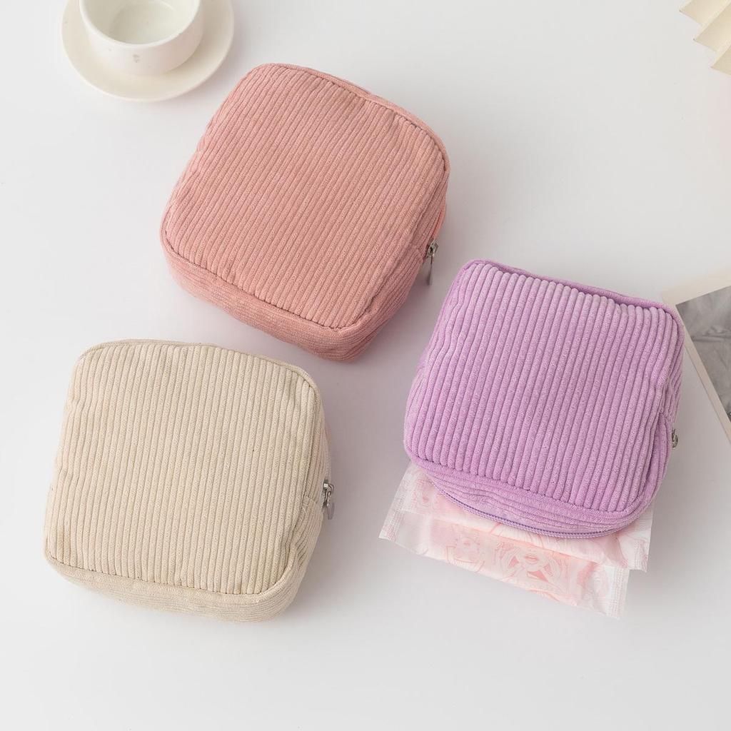 Corduroy Makeup & Sanitary Napkin Storage Bag - Portable Small Coin Purse