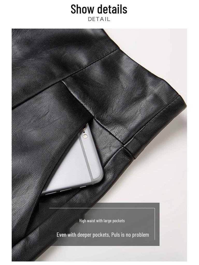 2023 Autumn Black High-Waist Leather Shorts for Women - Slimming, A-Line, Loose-Fit Wide Leg Design