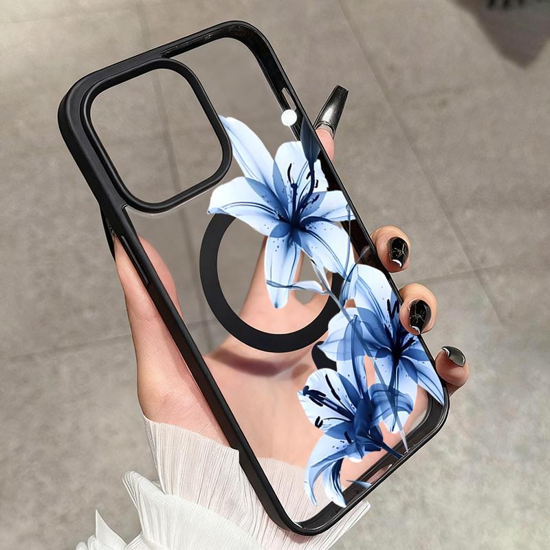 Blue Lily Whisper Transparent Magnetic Phone Case for Samsung Galaxy S25 S24 S23 S22 Ultra Plus S26 FE for Wireless Charge Cover