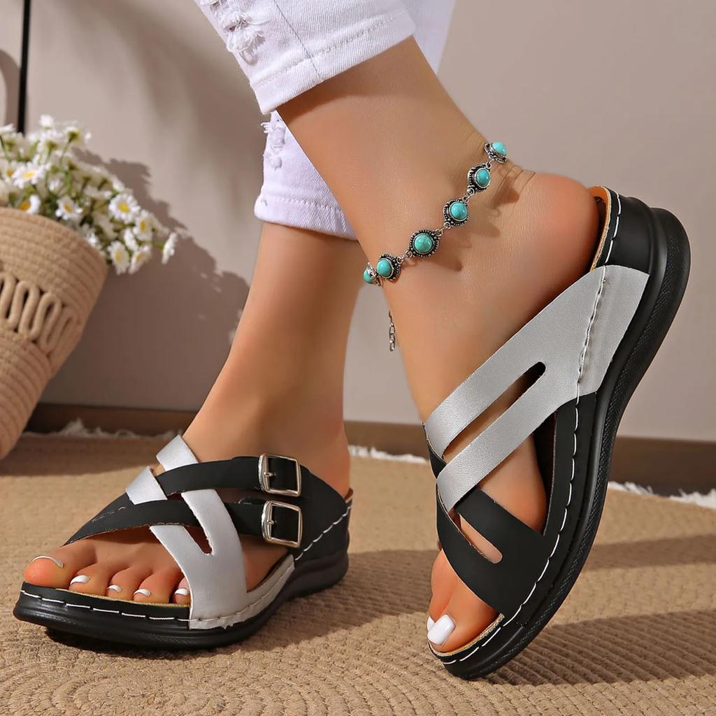 Fashion Women's Sandals Fashion Patchwork Color Thick Soled Wedge Slippers Hollow Casual Beach Sandals 2025 Summer Sandalias Mujer