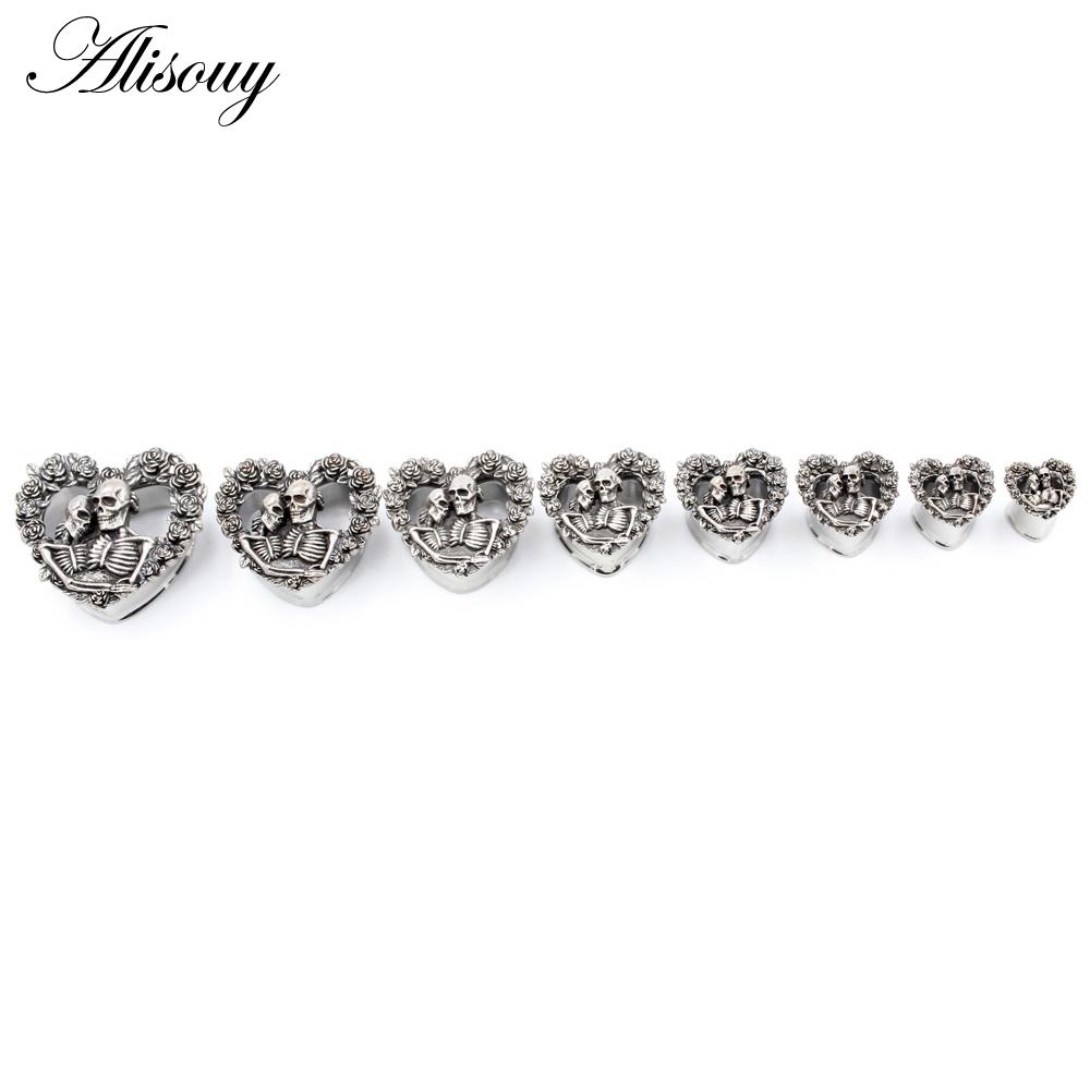 Alisouy 2PCS Retro Stainless Steel Skull Rose Flower Heart Ear Plugs Tunnels Expander Stretchers Gauges Piercing Body Jewelry
