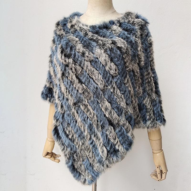 2022 Autumn/Winter Handmade Real Rabbit Fur Knit Triangle Shawl & Women's Pullover Cloak