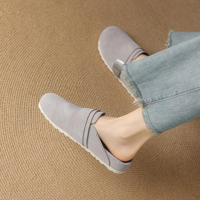 Fashion Round Toe Retro Genuine Leather Kid Suede Covered Toe Slippers Women Med Wedges Heels Leisure Soft Leather Mules Female 2025 New