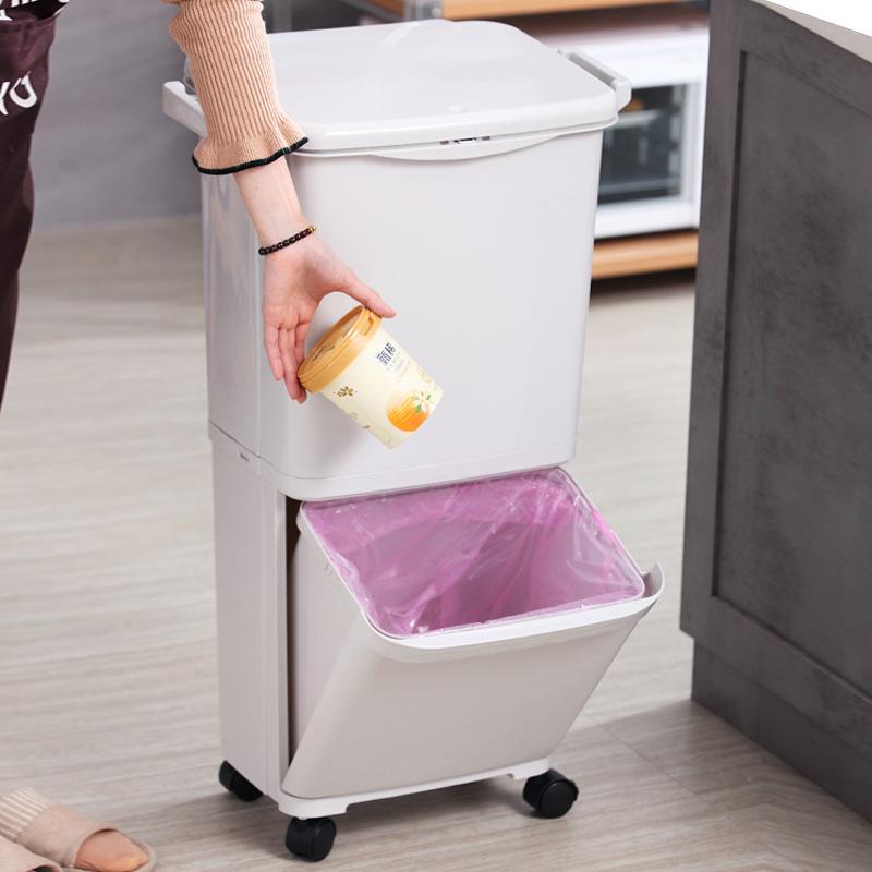Odor-Proof Kitchen Trash Can with Lid, Movable, Large Capacity, Double Layer, Dry & Wet Waste Separation.