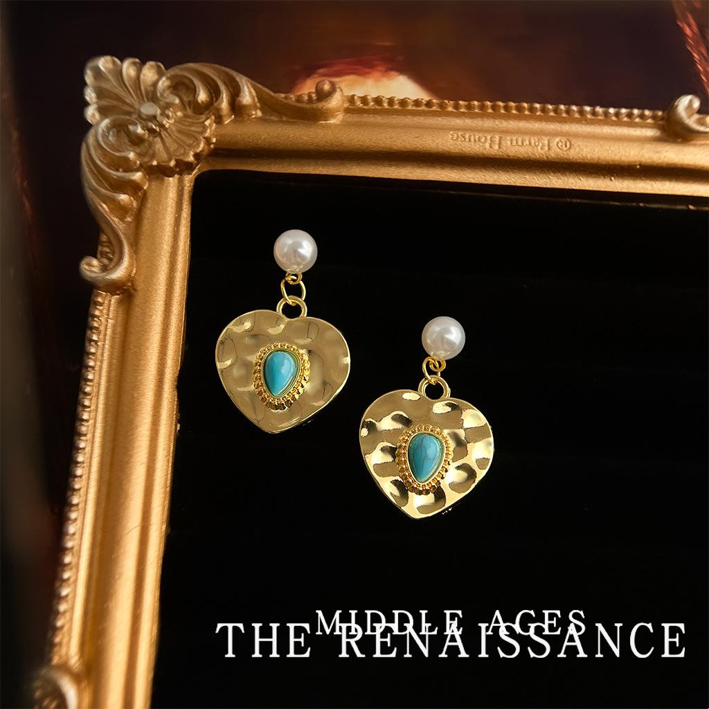 Средневековые синтетические серьги-гвоздики с бирюзой, ретро, с французской текстурой