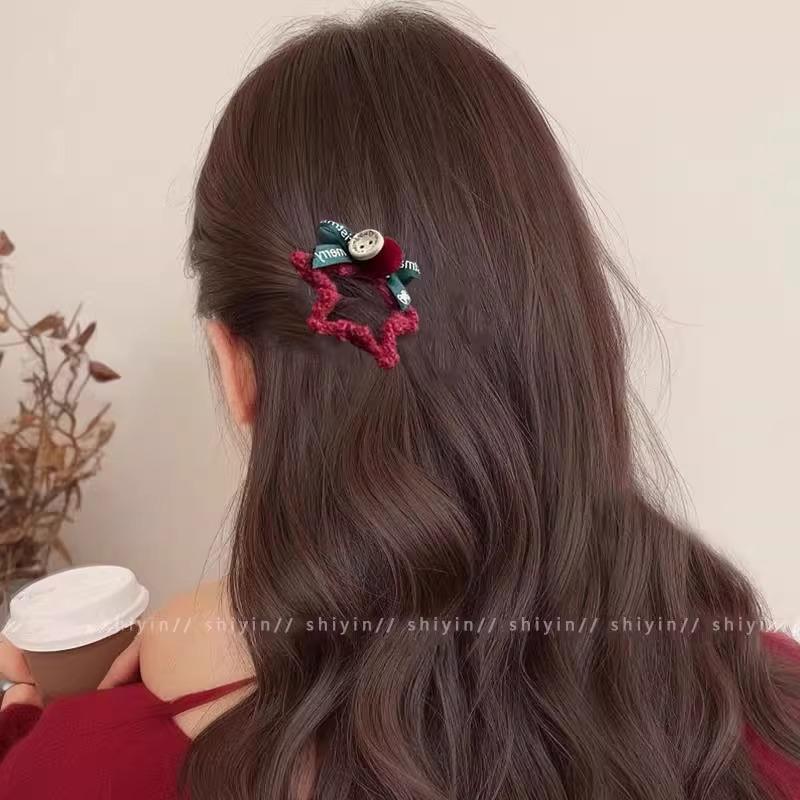 Red Star Bow Hair Clip for Women - New Year Headdress, Cute Bangs & Side Clip Hair Accessory