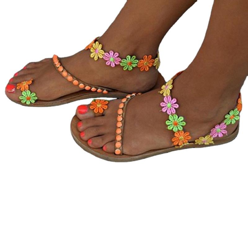 

2024 Новые летние женские сандалии на плоской подошве, модные разноцветные сандалии с цветами, женские бохо-стиль, женские повседневные сандалии без застежек 43 темно-коричневого