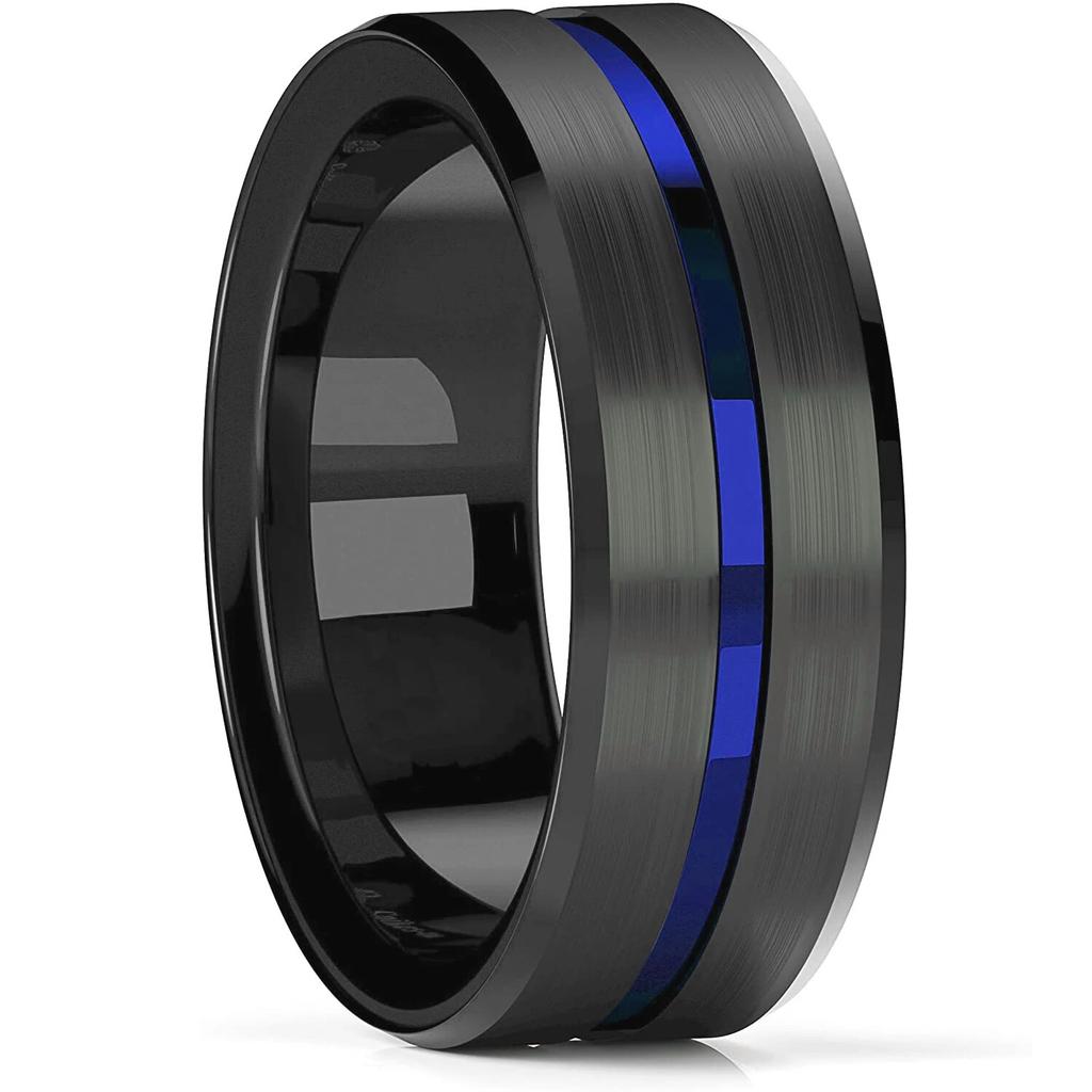 Trendy 8mm Green Color Groove Beveled Edge Tungsten Wedding Rings For Men Black Brushed Steel Engagement Ring Men's Wedding Band