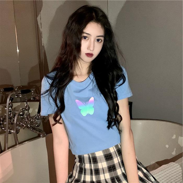 New Summer Internet Celebrity Couple Outfit Reflective Butterfly Short-sleeved T-shirt for Women Short-sleeved Students