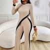 Spring and Summer New Women's Fashion Color-blocking Long-sleeved Side-slit T-shirt with Long Pants Set