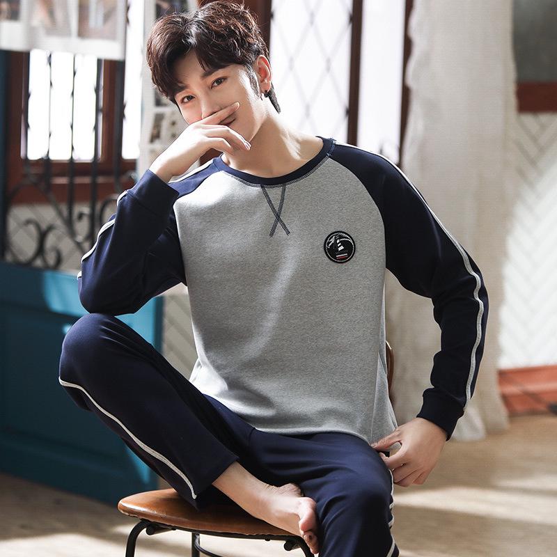 Pijama de manga larga 100 % algodón para hombre: informal, cuello redondo, ideal para usar en exteriores, perfecto para primavera y otoño.