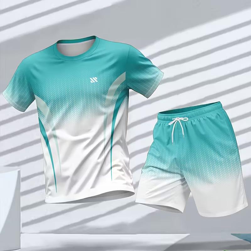 

Men s Summer Personalized Color Printed Comfortable Breathable Round Neck T-shirt Shorts Set Outdoor Casual Sportswear XXXL зелений