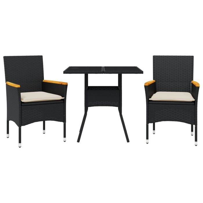 VidaXL Ensemble à manger de jardin et coussins 3 pcs noir rotin verre, ensemble de salle à manger d'extérieur, meuble de 3278703
