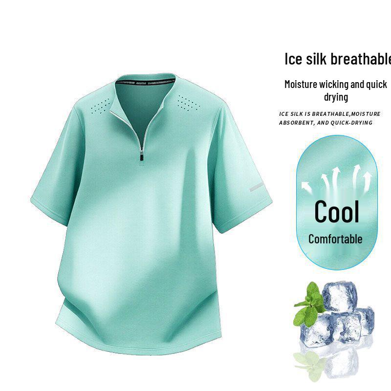 Summer 2026 Men s High-End Ice Silk Quick Dry Short Sleeve Round Neck Sports Shirt 3XL светло-зеленый