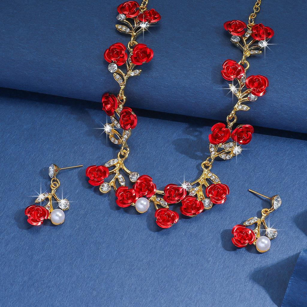 Two-Piece Jewelry Necklace Set Exaggerated Retro Alloy Red Rhinestone Earrings Necklace Women
