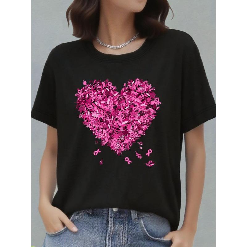 

European sizes Women S Breast Cancer Awareness T-Shirt - Pink Heart with Leaves Graphic - Soft Everyday Shirt for October - Breast Cancer Support Tee 4XL чорний