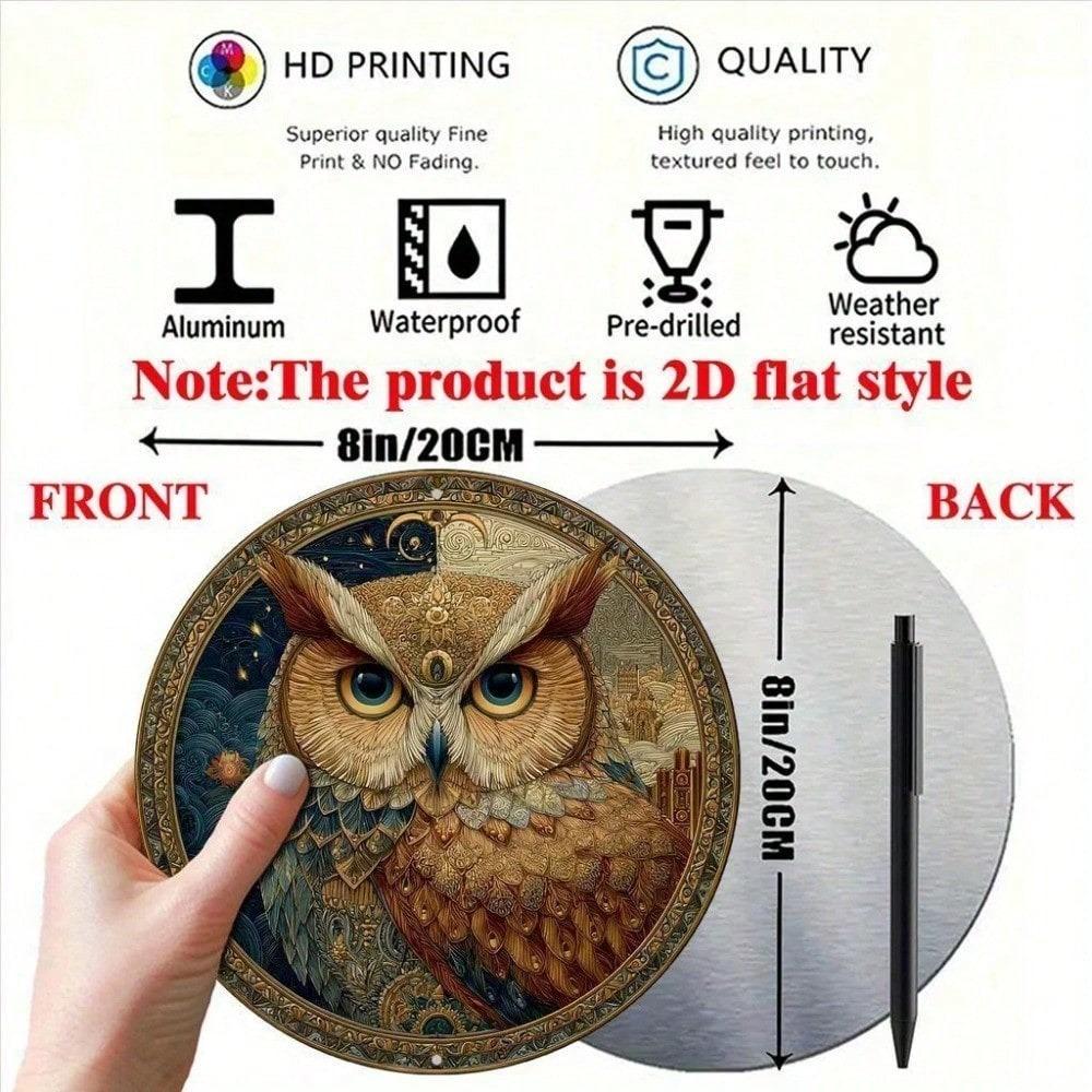 Vintage Owl Metal Wall Art 8x8 Inch, 2D Flat Aluminum Sign with Floral Celestial Design, Durable Indoor Outdoor Decor