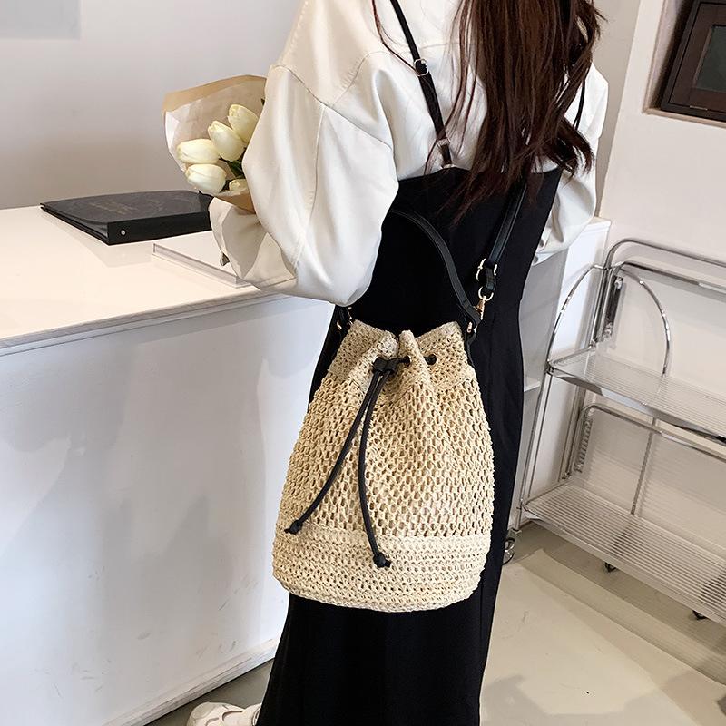 Yaz Örgülü Hasır Kova Çanta Kadınlar Için Basit İpli Plaj Omuz Crossbody Çanta