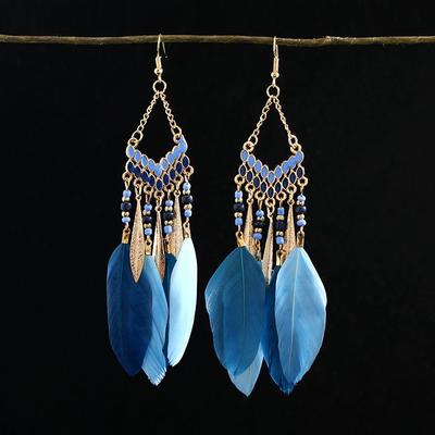 Retro Feather Fringed Earrings Women's Niche Personality Bohemian Blue Long Yunnan Travel Photography Earrings