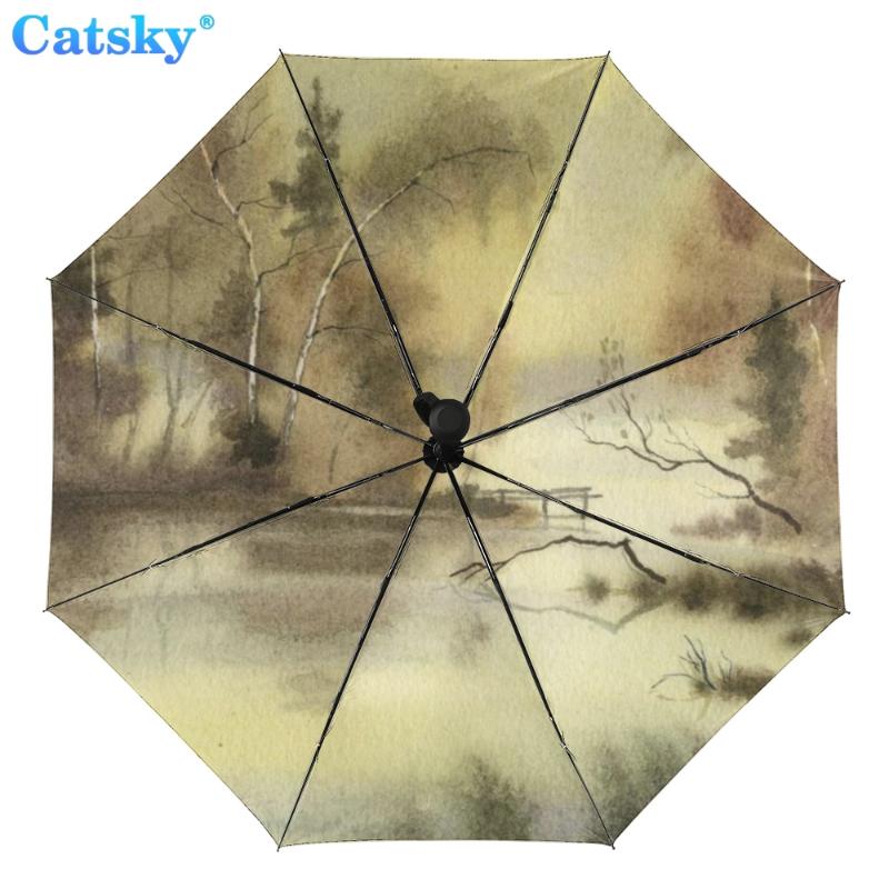 

Полностью автоматический трехстворчатый складной зонт с китайской росписью и черным покрытием, анти-УФ-защита от солнца, женский зонтик от дождя