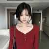 Sweet Spice Girl Red Rivet Chicken Heart Collar Long Sleeve T-Shirt Women's Spring New Design Slim Skinny Bottom Top