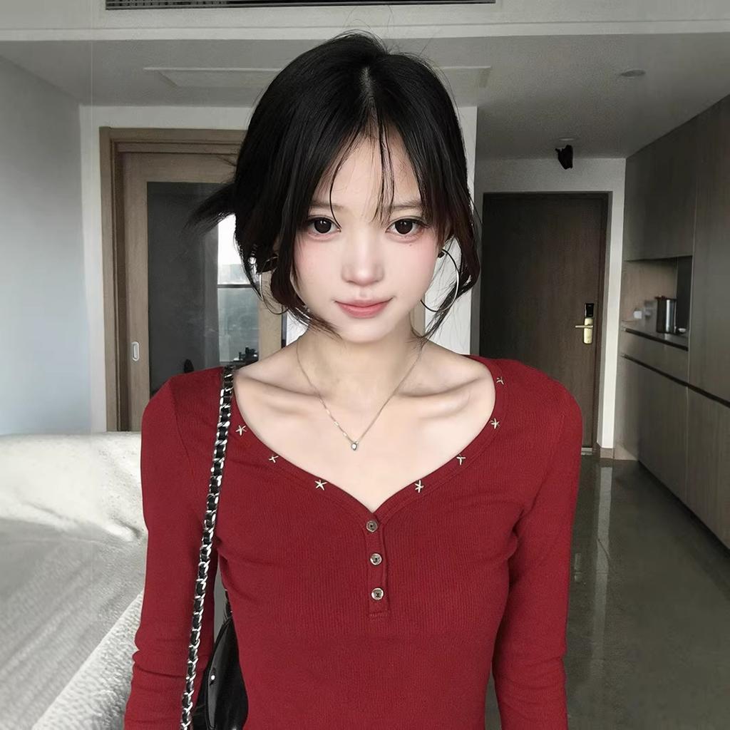 Sweet Spice Girl Red Rivet Chicken Heart Collar Long Sleeve T-Shirt Women's Spring New Design Slim Skinny Bottom Top