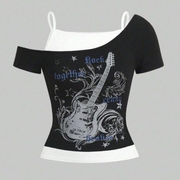 Damen 90er Vintage Punk T-Shirt Streetwear Sexy Kurzarm Gothic Slim Crop Top Hotgirl Lässig Femme Tee Harajuku Y2k
