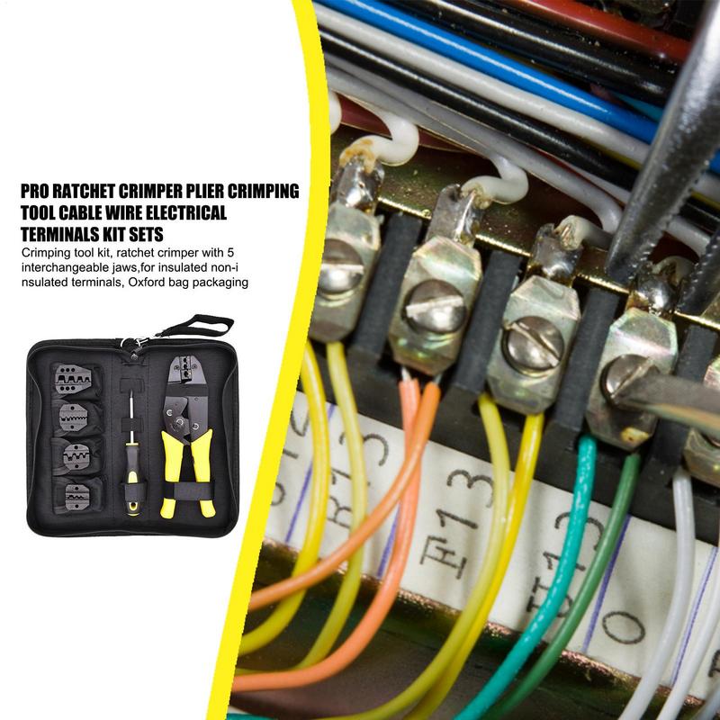 Wire Crimper Tool Ratchet Wire Connector Electrical Ethernet Crimper Plier Heavy-Duty Crimping Stripper With 5 Interchangeable