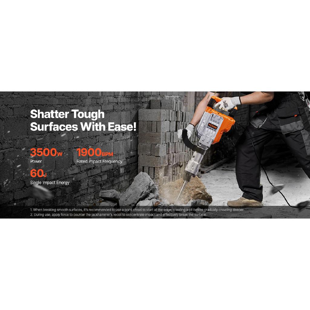 SucceBuy Demolition Jack Hammer 1500W/2200W/3500W Jack Hammer Concrete Breaker Heavy Duty Electric Jack Hammer 2/4pcs Chisel