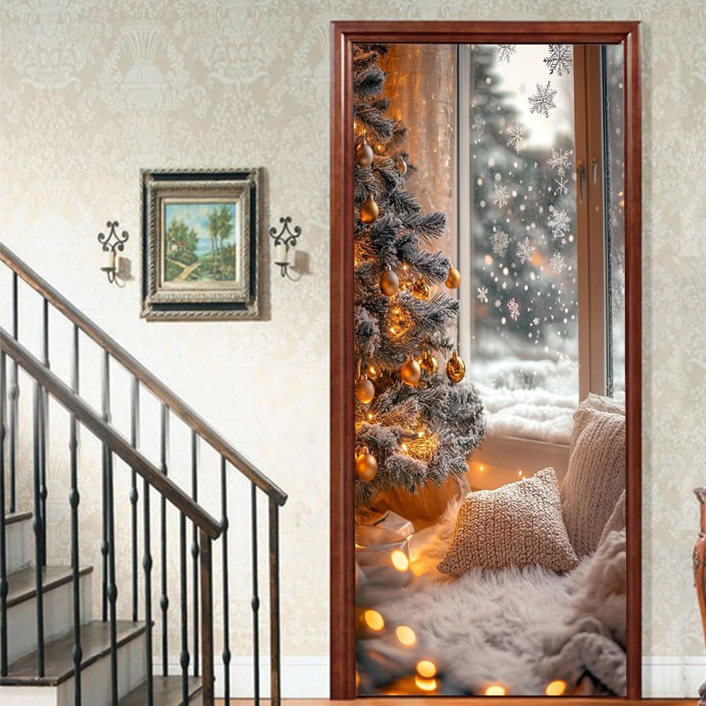 Christmas Tree PVC Self-Adhesive Waterproof Door Sticker Modern Simulation Door Mural Wallpaper Living Room Study Home Decor Art Door Poster