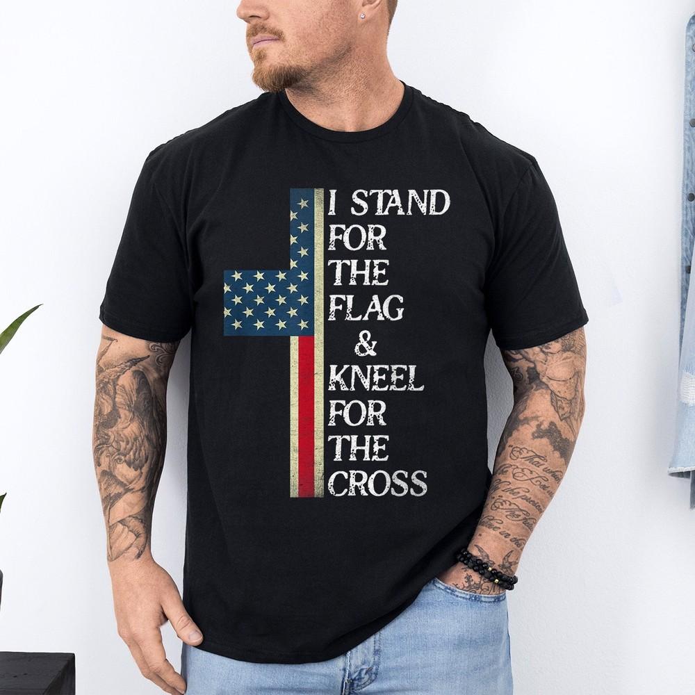 

Stand for The Flag I Kneel for The Cross Patriotic Christian American Flag Shirt XL